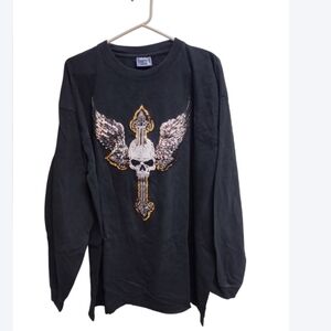 Deluxe by LG Emo Y2K Grunge Aesthetic Goth Skull Cross Gothic Long Sleeve Top